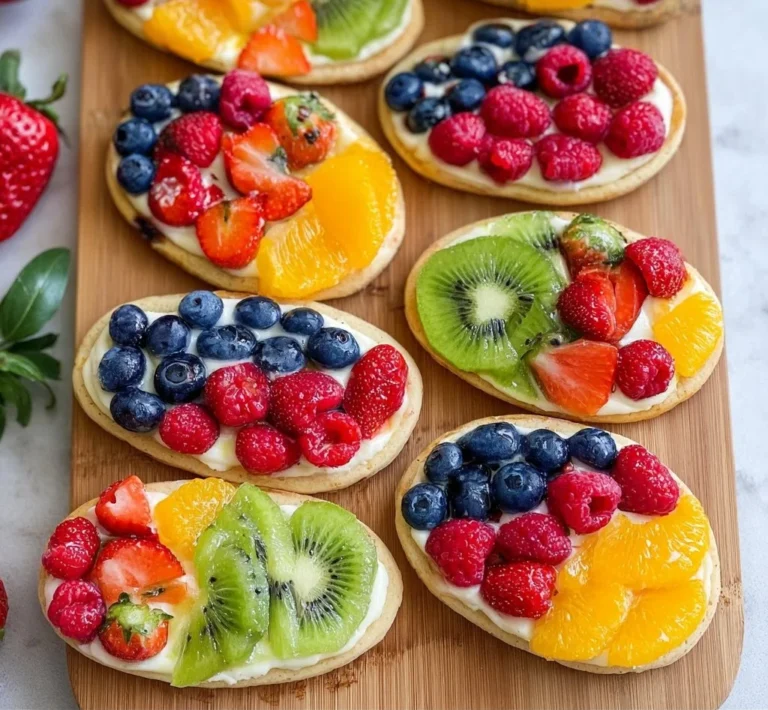Colorful fruit pizzas topped with fresh fruits and creamy frosting.