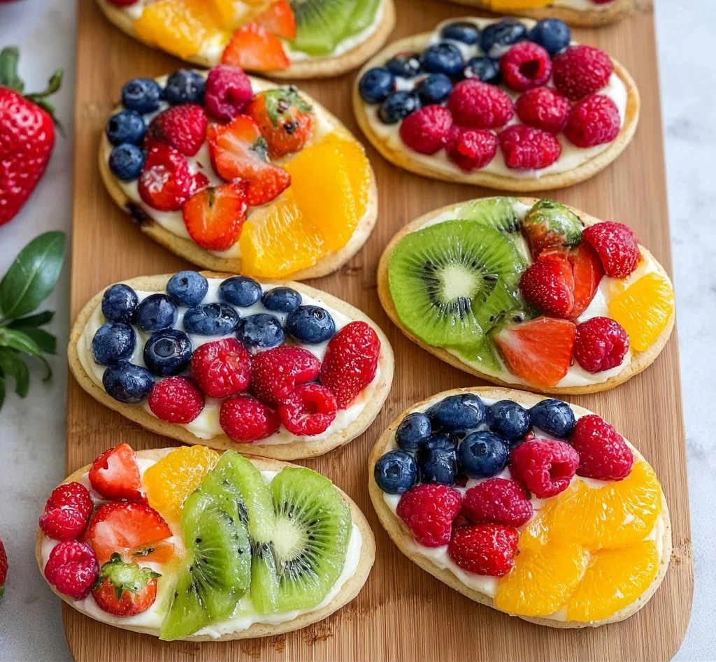 Colorful fruit pizzas topped with fresh fruits and creamy frosting.