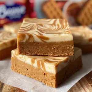 Delicious no-bake Biscoff slice dessert with layers of cookie and cream.