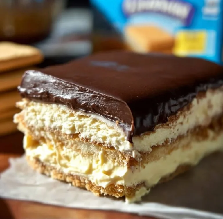 No-bake chocolate eclair cake topped with chocolate frosting and cream layers.
