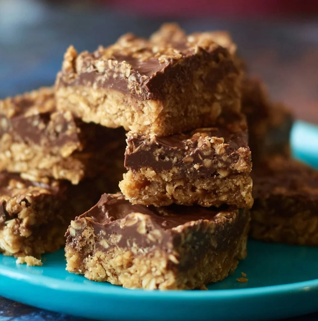 Delicious no-bake chocolate peanut butter oat bars stacked on a plate.