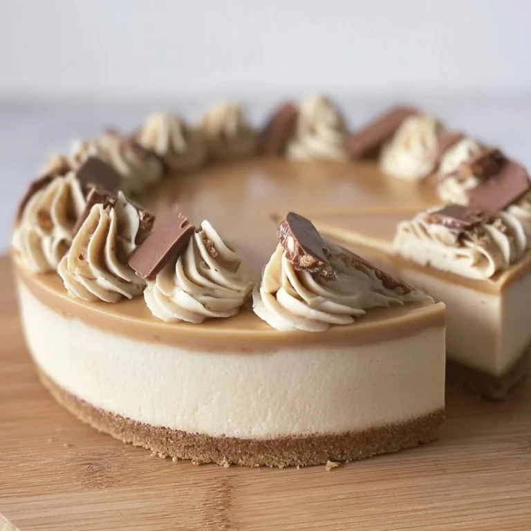 Delicious no-bake Kinder Bueno cheesecake topped with chocolate and hazelnuts.