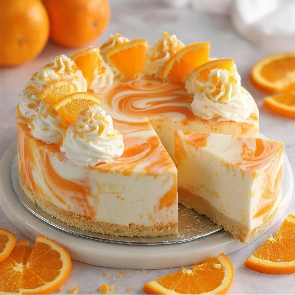 No-Bake Orange Creamsicle Cheesecake topped with orange slices and whipped cream