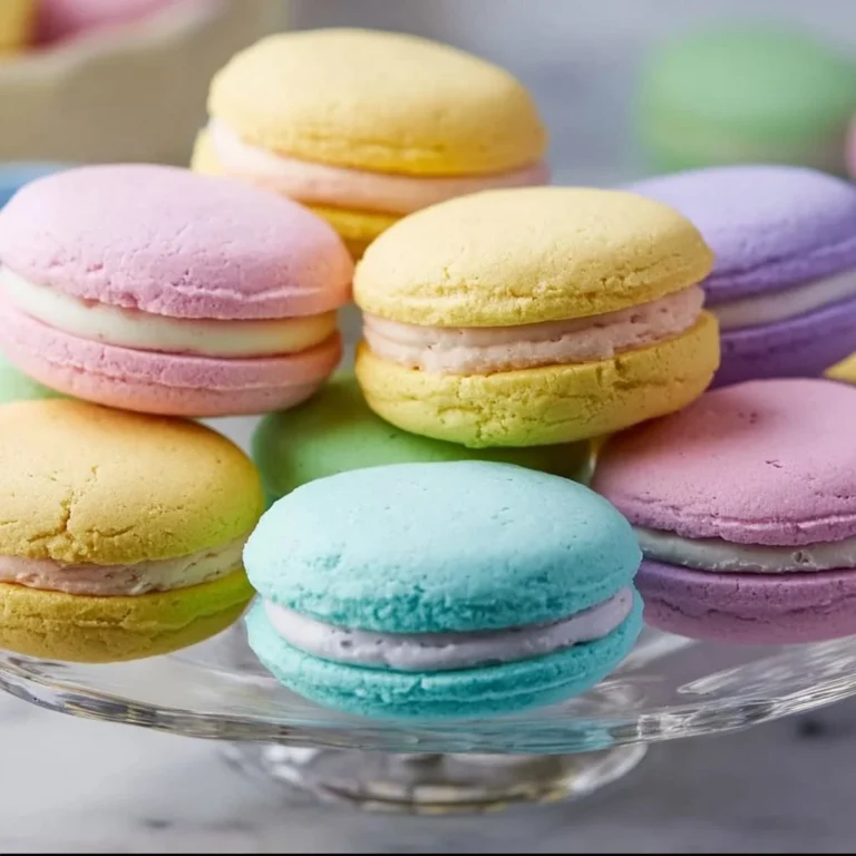 Colorful pastel sugar cookie sandwiches filled with creamy frosting