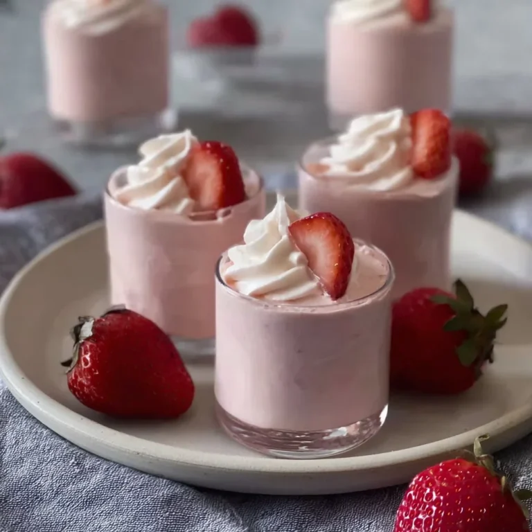 Delicious 3 ingredient strawberry mousse dessert in a glass with fresh strawberries.