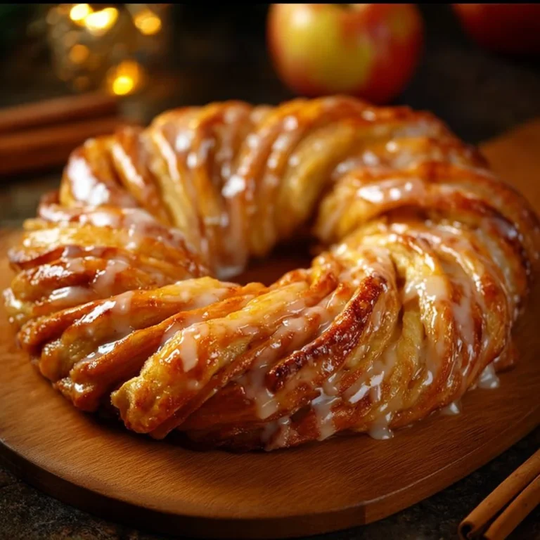 Delicious Apple Kringle topped with Vanilla Glaze on a rustic wooden table