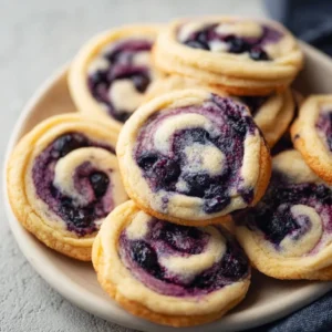 Blueberry cheesecake cookies on a plate with blueberries and whipped cream