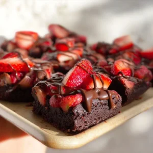 Chocolate covered strawberry brownies with melted chocolate drizzle on top