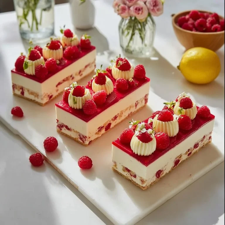 Delicious creamy raspberry cheesecake topped with fresh raspberries.