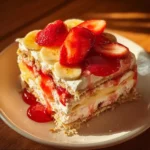 Slice of strawberry banana cake with layers of shortcake and pudding
