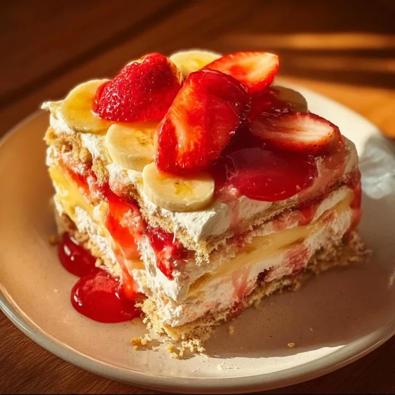 Slice of strawberry banana cake with layers of shortcake and pudding