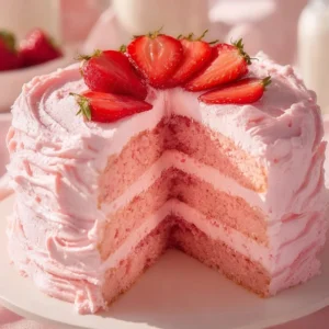Delicious homemade strawberry cake topped with fresh strawberries and cream