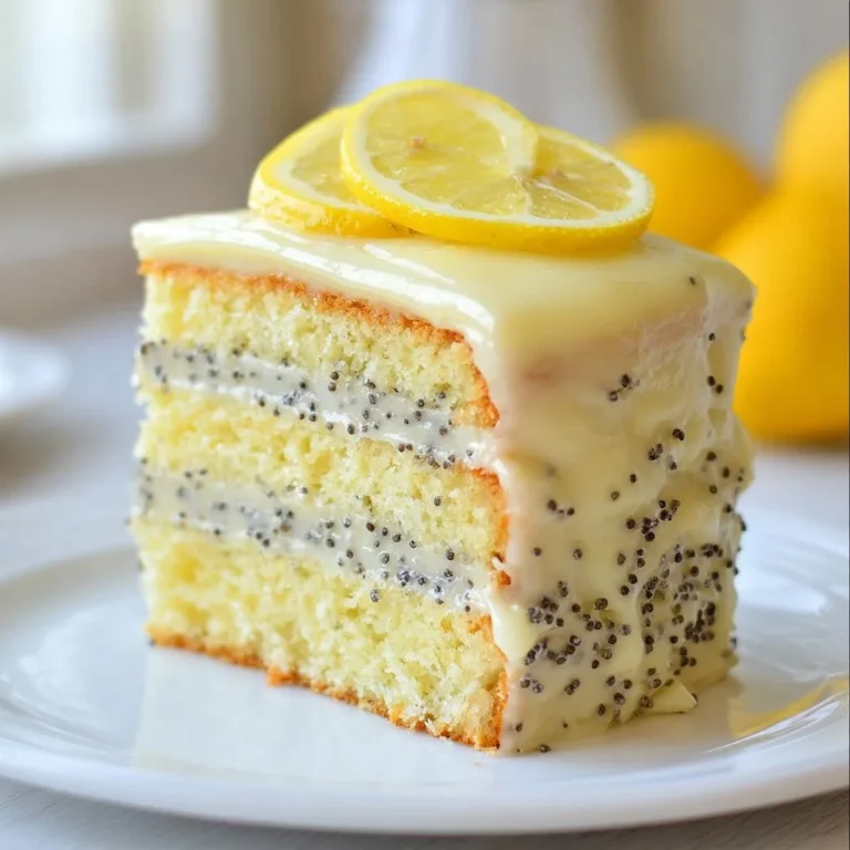Sliced lemon poppy seed cake with glaze on a plate