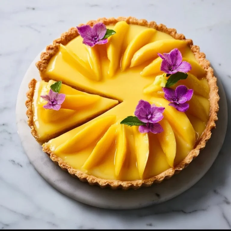 Slice of Mango Curd Tart on a plate garnished with mango slices