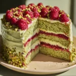 Delicious Pistachio Raspberry Cake decorated with fresh raspberries and nuts.