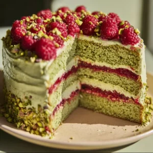 Delicious Pistachio Raspberry Cake decorated with fresh raspberries and nuts.