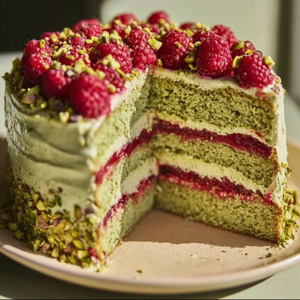 Delicious Pistachio Raspberry Cake decorated with fresh raspberries and nuts.