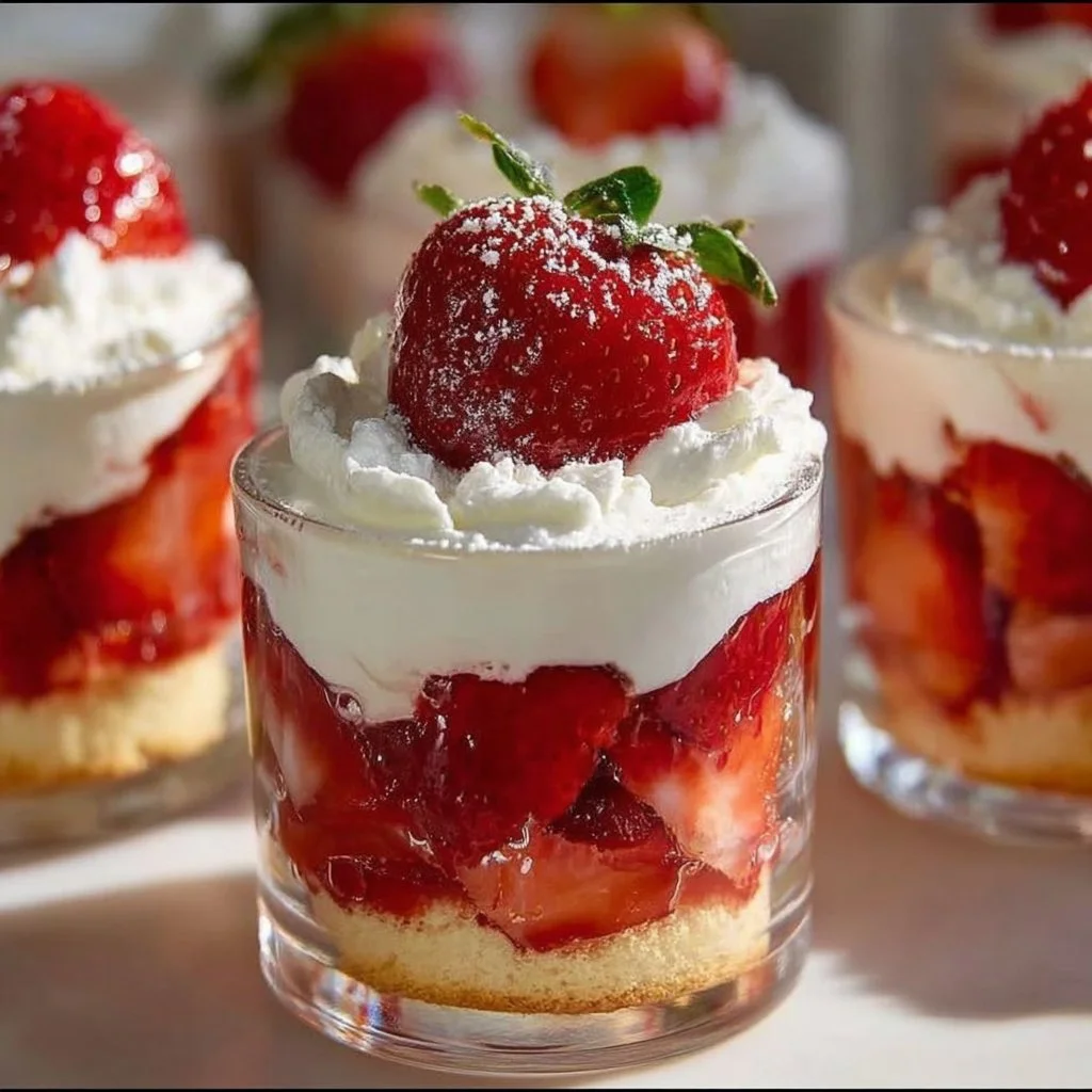 Delicious quick strawberry shortcake cups with fresh strawberries and whipped cream.