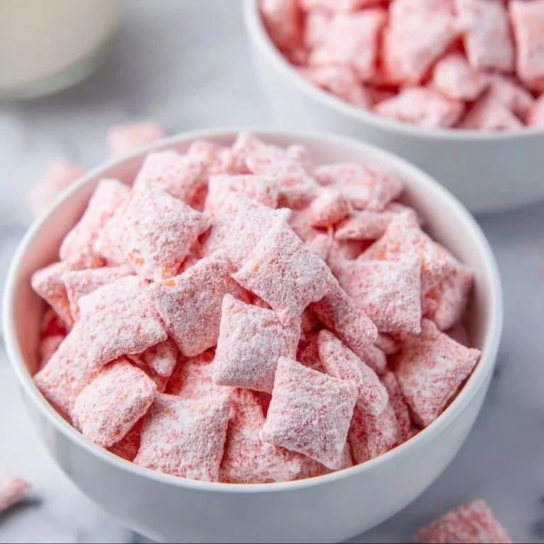 Quick Strawberry Shortcake Puppy Chow dessert recipe with strawberry flavor.