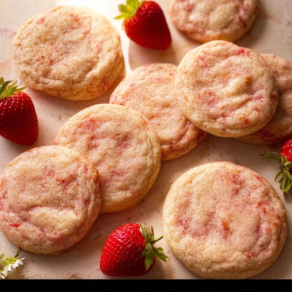 Freshly baked strawberry cheesecake cookies with a creamy topping.