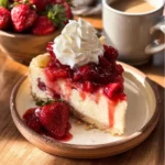 Delicious Strawberry Cheesecake Dump Cake topped with fresh strawberries.
