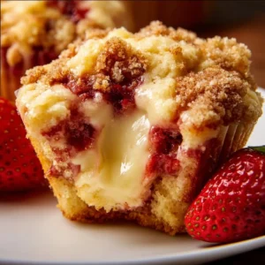 Delicious Strawberry Cream Cheese Muffins displayed on a rustic wooden table