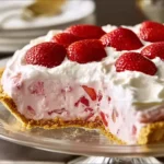 Slice of strawberry cream cheese pie on a plate topped with fresh strawberries