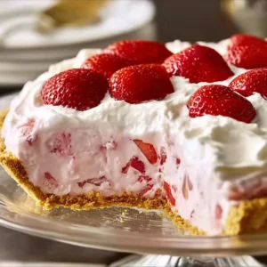 Slice of strawberry cream cheese pie on a plate topped with fresh strawberries