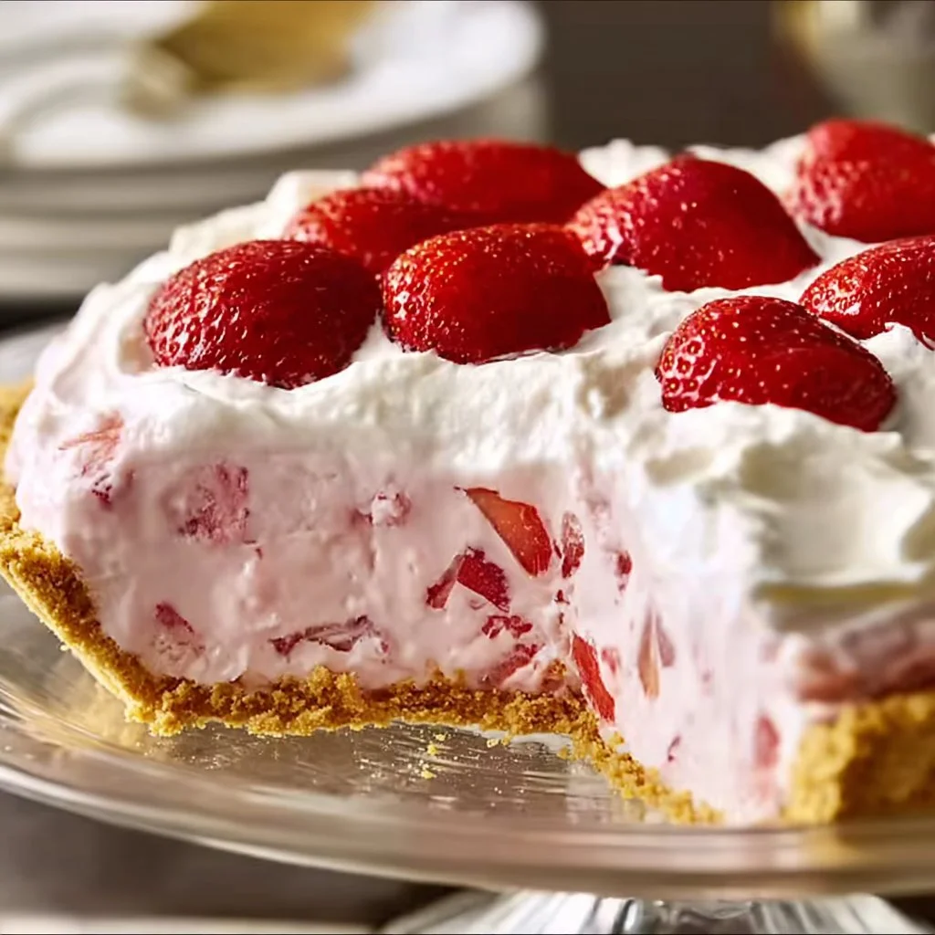 Slice of strawberry cream cheese pie on a plate topped with fresh strawberries