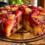 Slice of Strawberry Pineapple Pound Cake on a plate with fresh strawberries and pineapple.