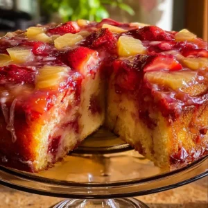 Slice of Strawberry Pineapple Pound Cake on a plate with fresh strawberries and pineapple.