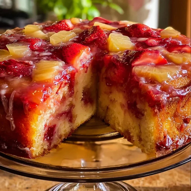 Slice of Strawberry Pineapple Pound Cake on a plate with fresh strawberries and pineapple.