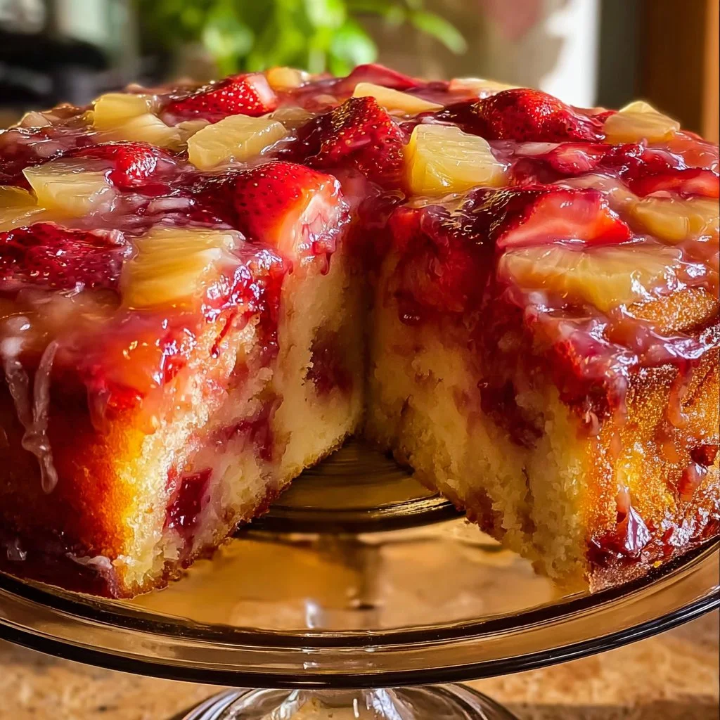Slice of Strawberry Pineapple Pound Cake on a plate with fresh strawberries and pineapple.