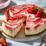Delicious strawberry swirl cheesecake topped with fresh strawberries.